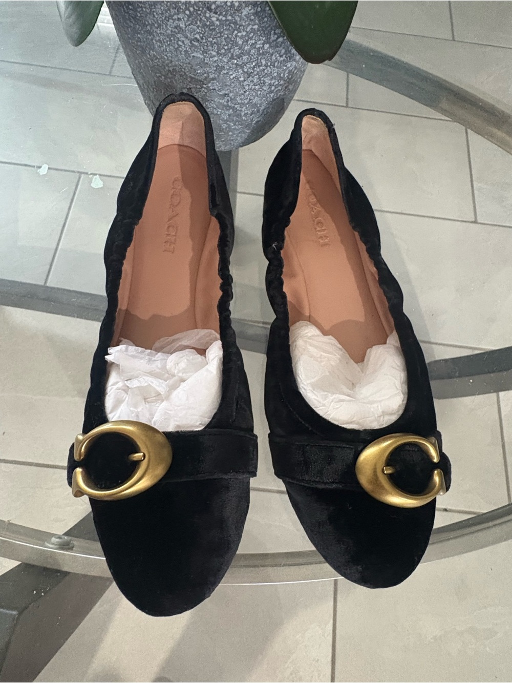 Coach Black Velvet Flats with Brass-Tone Buckle
